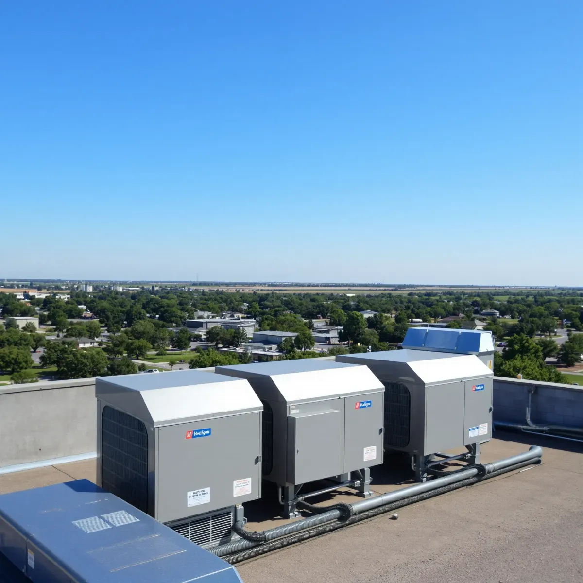 Completed outdoor HVAC system in Northlake, TX, with sleek metallic components, insulated ductwork, on a landscaped yard.