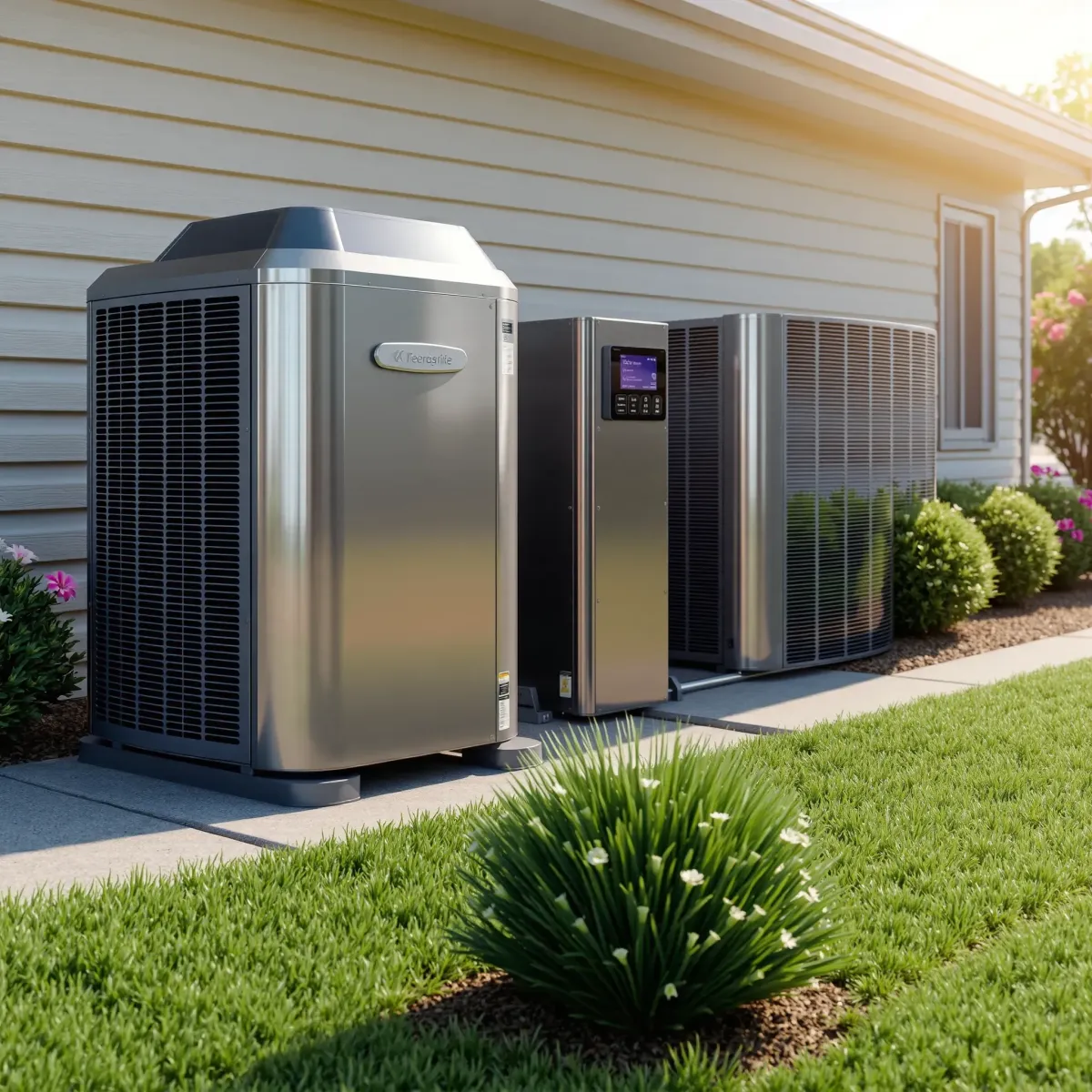 Completed outdoor AC unit installation next to a tidy, painted home in a lush, sunlit Lakeside backyard.