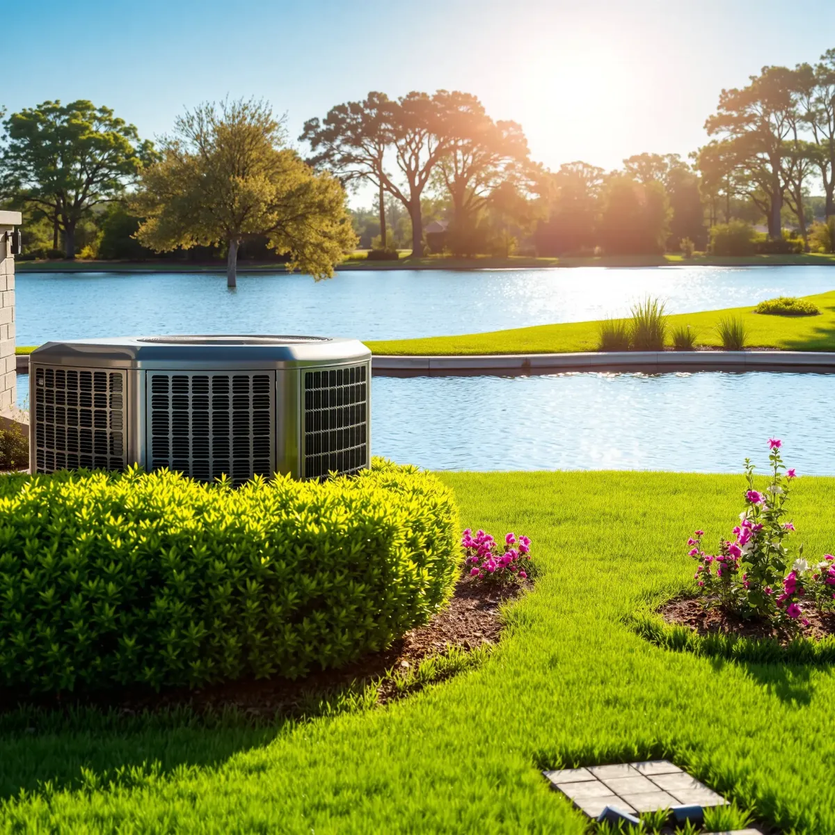 Modern outdoor HVAC unit on concrete pad beside green grass and wildflowers in Western Lake, TX with blue sky.