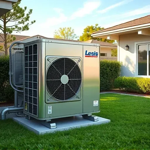 Repaired outdoor air conditioning unit installed in a clean backyard with lush grass, modern branding, and clear sky.