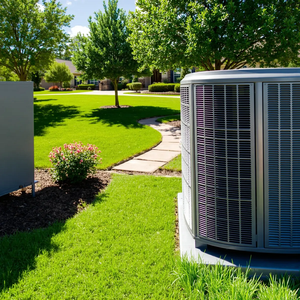 Outdoor HVAC system in Annetta, TX, with a modern AC unit, dry landscape, suburban homes, and sunny sky.