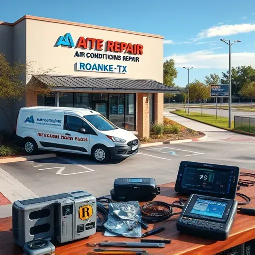 Roanoke, TX, professional air conditioning repair shop exterior with branded vehicles, tools, and a modern storefront.
