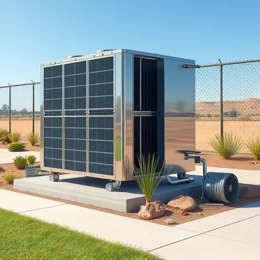 Outdoor HVAC unit in Haslet, TX with metallic textures, surrounded by drought-tolerant plants, rocks, and a clear blue sky.