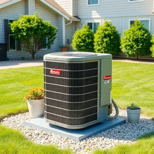 Modern HVAC installation in Argyle TX with sleek unit on manicured lawn, showcasing details and vibrant branding logos.