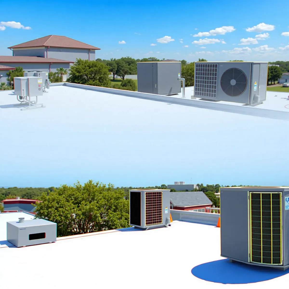 Beautiful residential HVAC installation in Lake Dallas, TX, with a sleek system, landscaped yard, and modern home exterior.