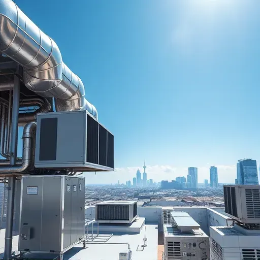 Rooftop HVAC installation in Fort Worth, TX featuring metallic ductwork, heat exchangers, control panels, urban Texas skyline.