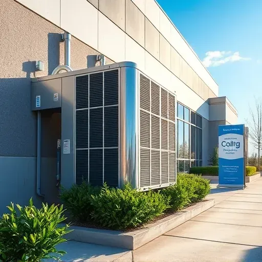 Freshly repaired air conditioning unit outside a modern building in Fort Worth, TX, surrounded by greenery and a clear sky.