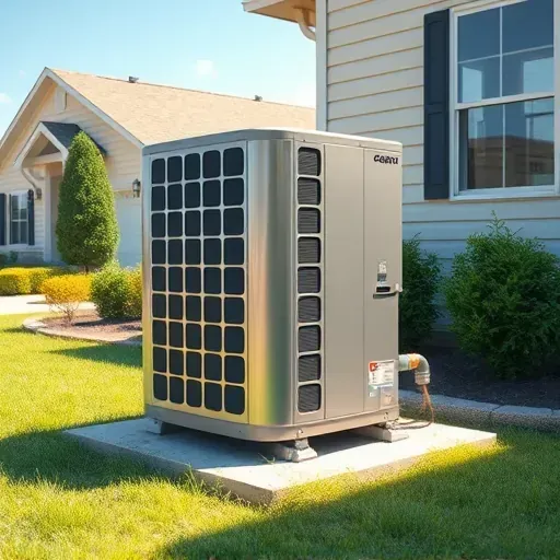 Outdoor high-efficiency air conditioning unit on a concrete pad, surrounded by lush landscaping in Pecan Acres, TX.