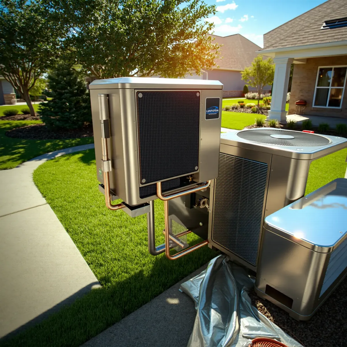 Professional residential air conditioning repair scene in Rendon, TX featuring a modern A/C unit, tools, and a neat garden.