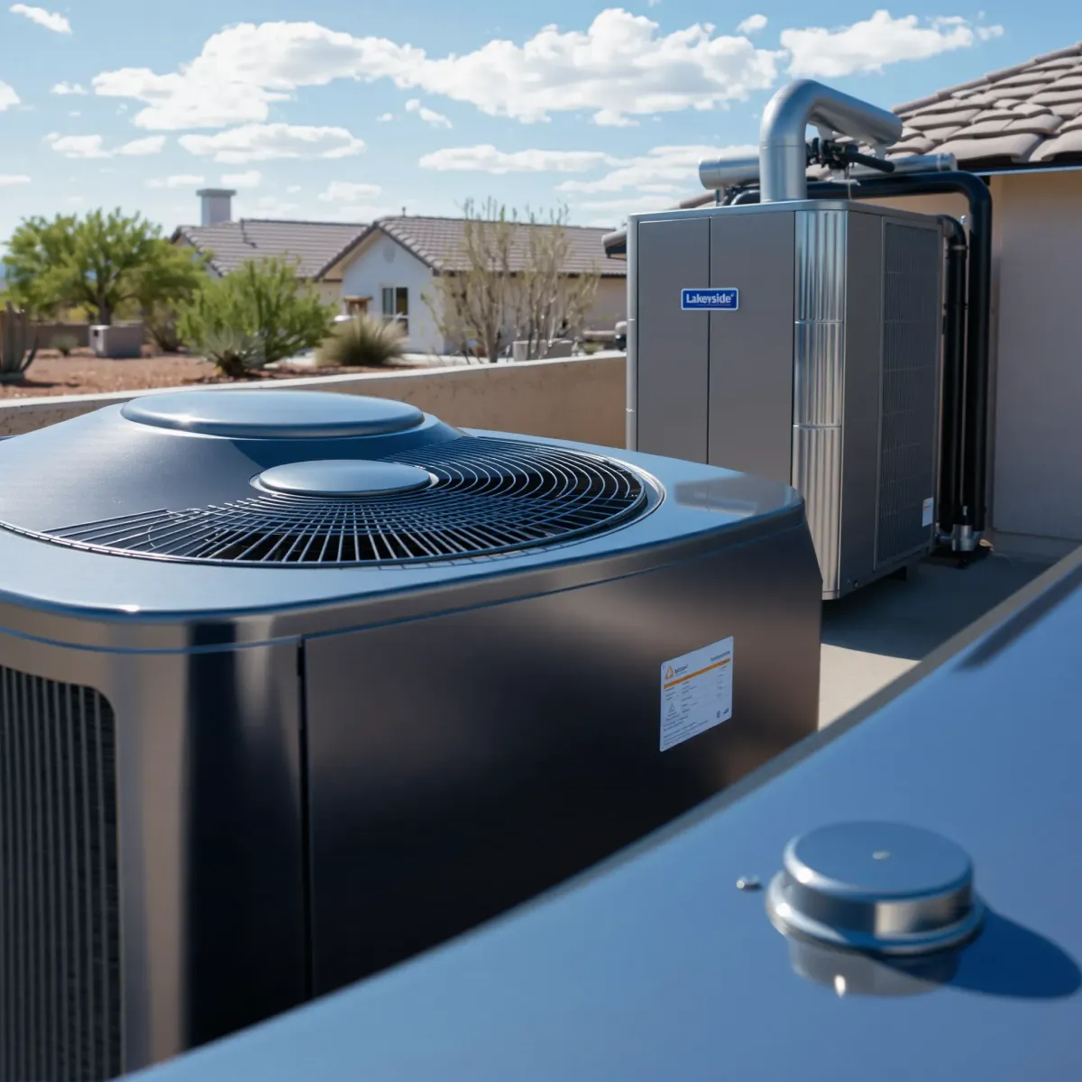 Outdoor Lakeside, TX HVAC system with sleek metallic components, reflecting sunlight in a clean residential rooftop setting.