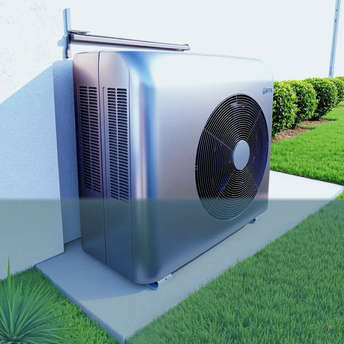 Modern HVAC unit in Lakeside, TX with sleek metallic surfaces, lush landscaping, and clear blue sky background.