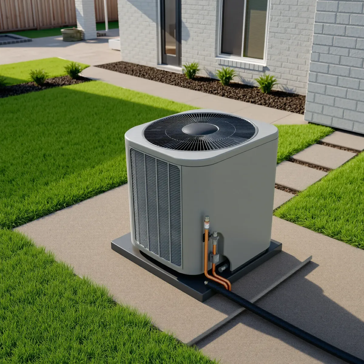 Completed HVAC system with outdoor unit, copper lines, and wiring in a well-kept backyard in Everman, Texas.