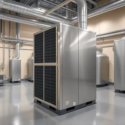 Modern commercial HVAC system with sleek metallic exterior, industrial pipes, vents, and organized mechanical room in Richland Hills, TX.