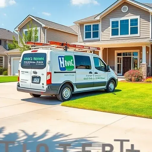 HVAC service van with logo parked in front of a modern home in Westworth Village, TX on a sunny day.