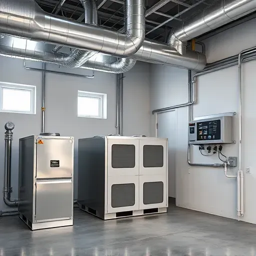 Modern commercial dehumidification system in a clean mechanical room with polished ducts, control panels, and precise equipment in Fort Worth TX