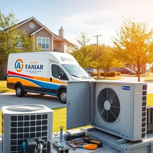 Exterior of a professional air conditioning repair service in Benbrook TX with a service truck in front of a home.