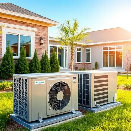 HVAC system installed outdoors in Benbrook, TX, featuring sleek metallic units, lush yard, modern house, and clear sky.