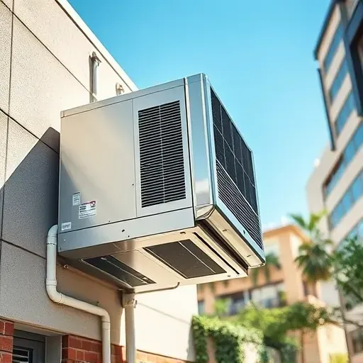 Commercial air conditioning repair scene featuring a modern HVAC unit on a Fort Worth building exterior under bright sunlight