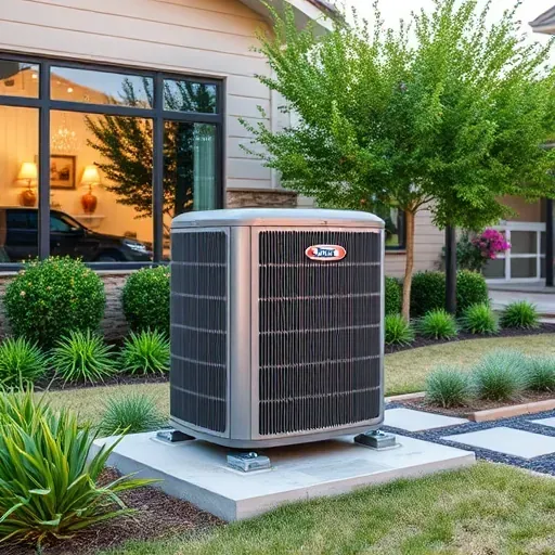 Outside modern home in Watauga TX shows a clean, maintained air conditioning unit on a concrete pad amid lush landscaping and a contemporary house.