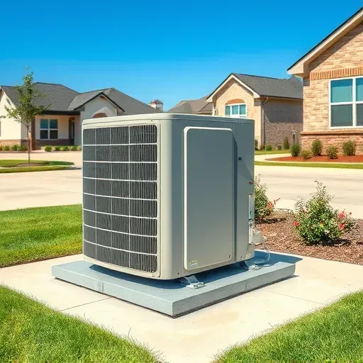 Well-maintained outdoor air conditioning unit on a concrete pad in Aledo Texas surrounded by landscaping under a sunny blue sky