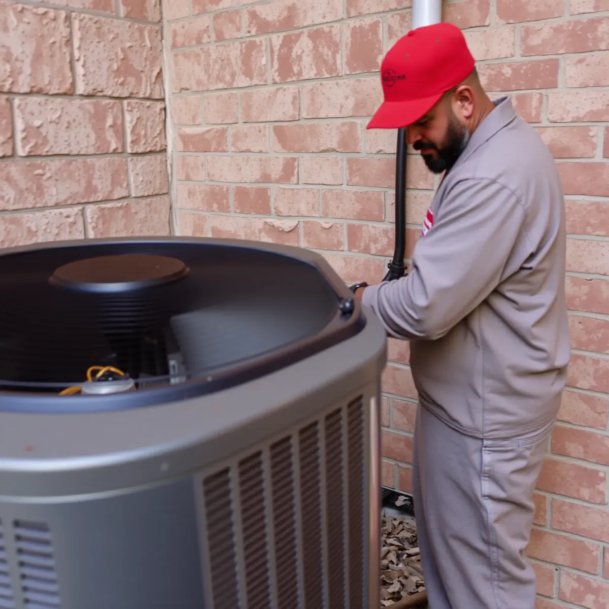 Freshly repaired HVAC unit in modern Argyle, TX home with lush backyard, outdoor patio, and polished metallic details.