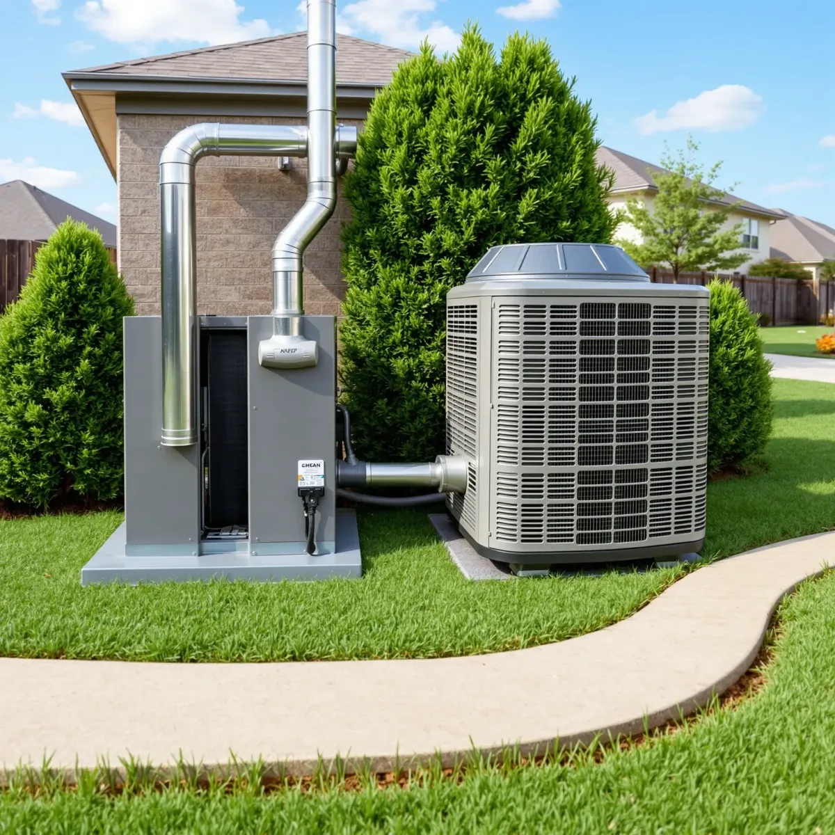 Modern residential HVAC outdoor units in a lush backyard in Haltom City, TX, showcasing sleek design and professional installation.