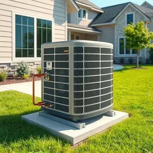 Outdoor modern air conditioning unit installed on concrete pad with copper lines, lush landscaping, and a suburban home in spring sunlight