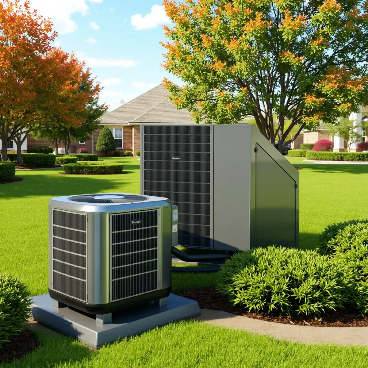 Outdoor high-efficiency HVAC system installed in a lush, well-kept residential yard in Forest Hill, TX.
