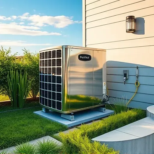 Pristine outdoor air conditioning unit on modern house in Corinth TX with greenery, pathway, and clear blue sky.