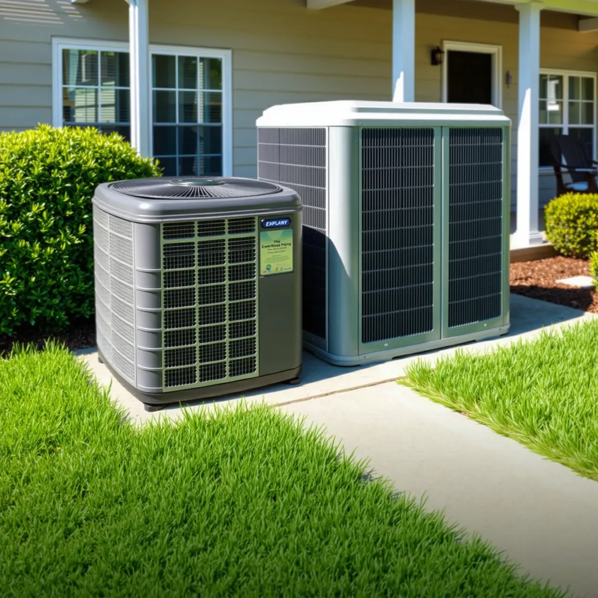 Freshly serviced outdoor air conditioning unit in Aledo, Texas, with modern design, set in a lush backyard on a sunny day.