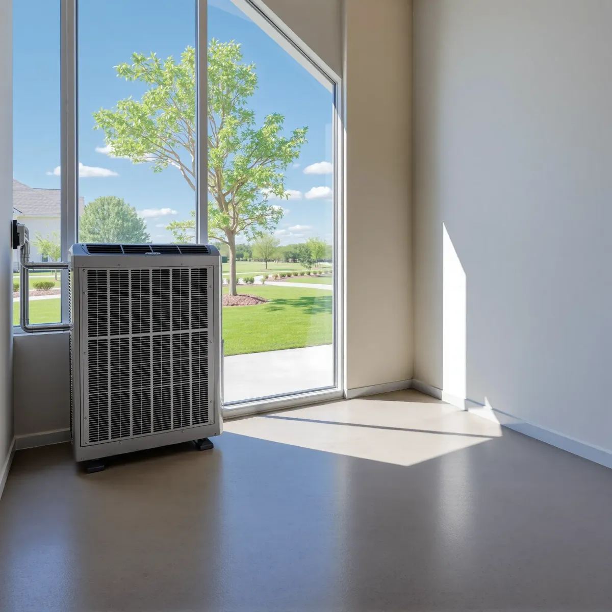 Close-up of a modern commercial HVAC system in a clean, well-lit mechanical room in Haslet, TX, showcasing sleek metallic components.