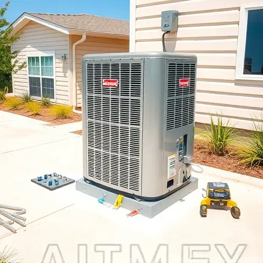 Clean modern air conditioning unit repaired outdoors in White Settlement TX with tools, greenery, and sunny daylight