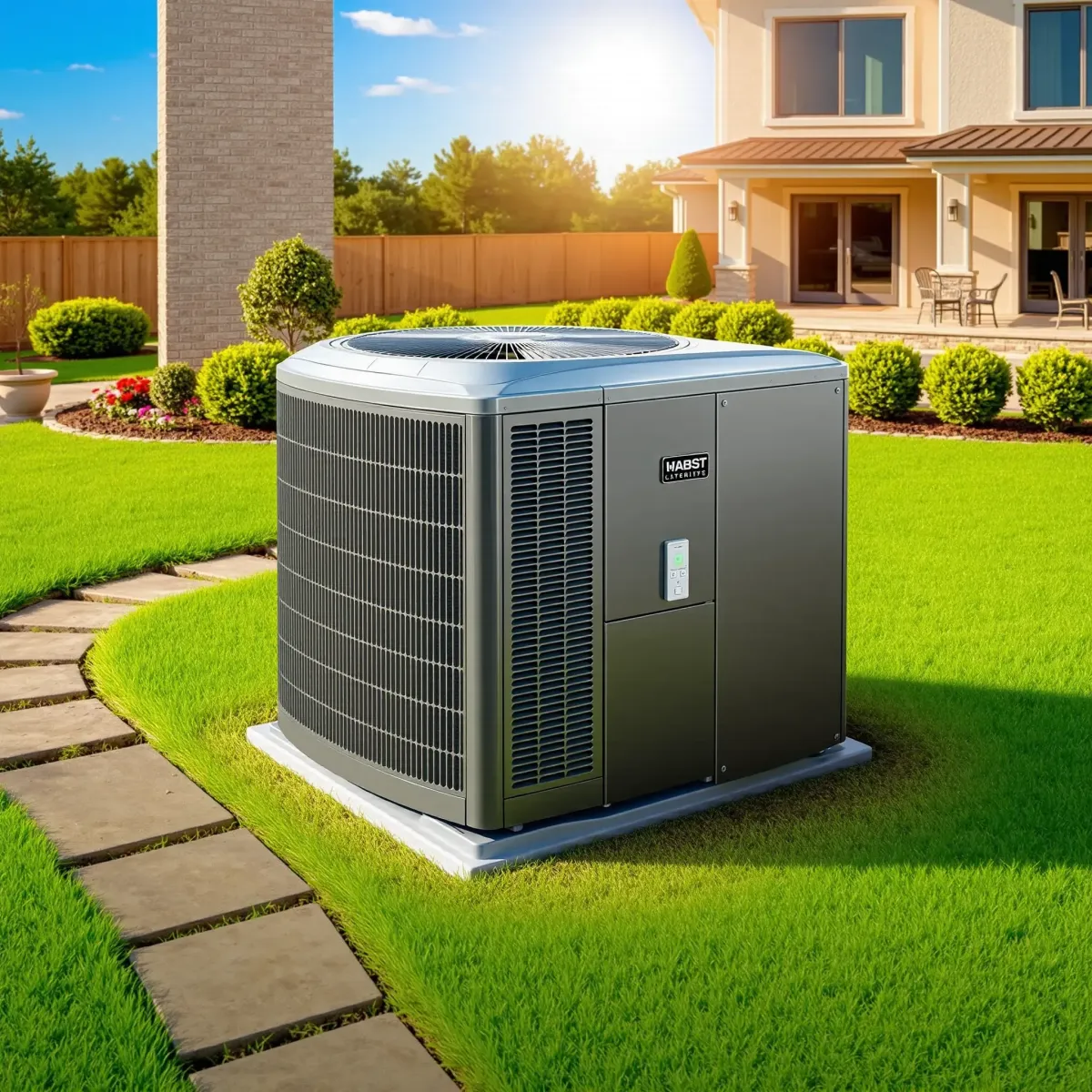Modern HVAC system installed outdoors in a Westworth Village backyard with lush landscaping and a stylish house façade.