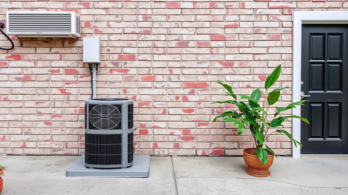 Freshly serviced HVAC system on exterior wall in a clean White Settlement, TX home with lush yard and blue sky.