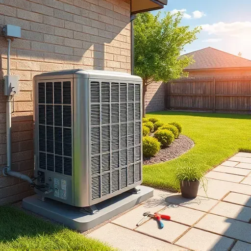 Outdoor residential air conditioner in Pecan Acres Texas with metallic textures, lush backyard, and landscaped garden