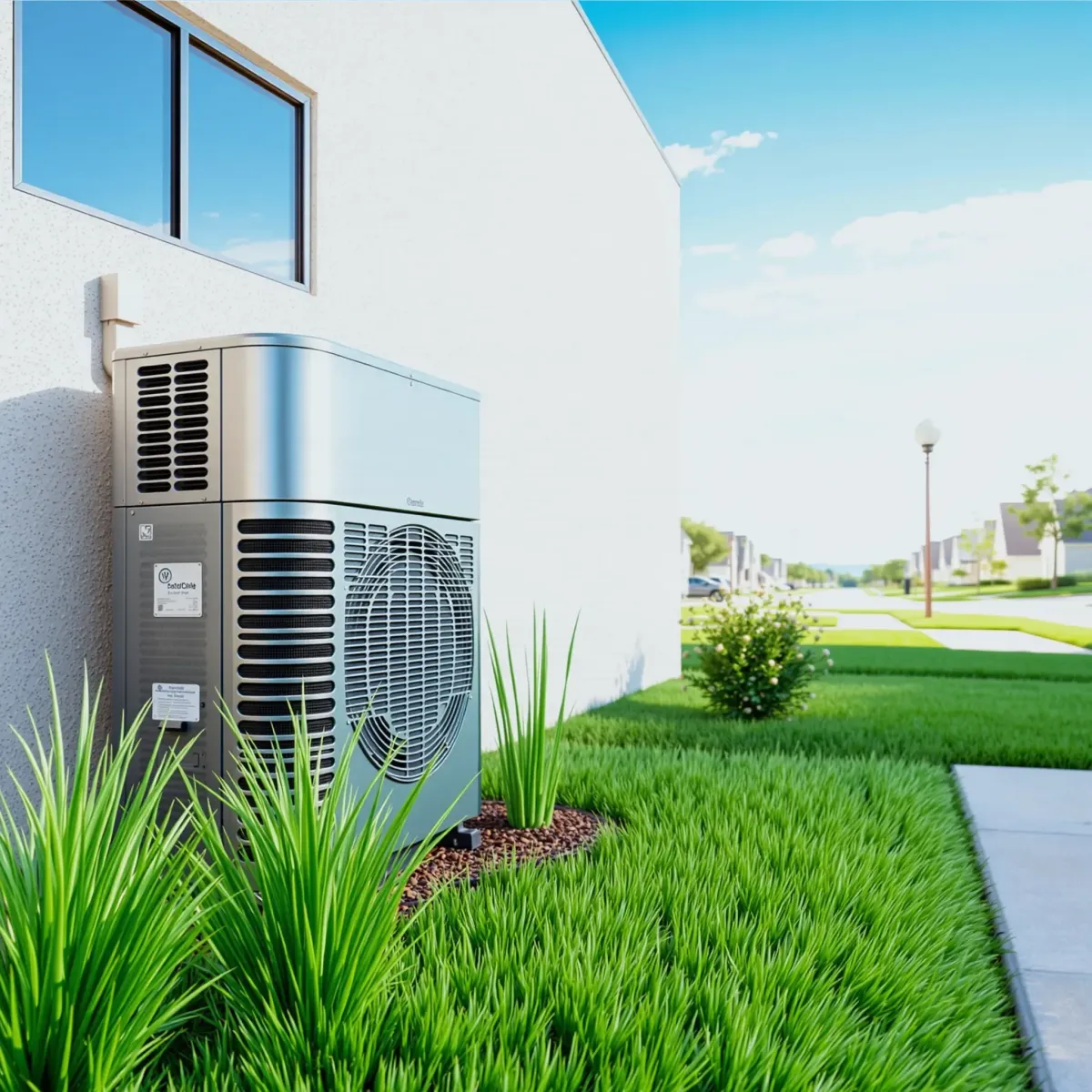 Freshly serviced outdoor air conditioning unit in a sunny Texas backyard with lush greenery and a clear blue sky.