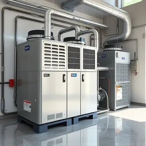 Installed modern HVAC system in a clean, organized mechanical room with detailed vents, labeled components, and industrial ambiance.