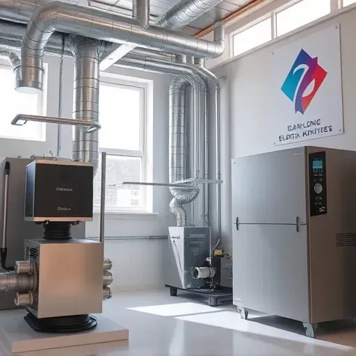 Modern mechanical room with sleek HVAC ducts, digital controls, organized equipment, natural light, and local branding.