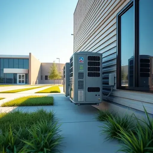 Meticulously installed outdoor air conditioning unit on a sleek commercial building in Fort Worth TX with green landscaping and clear blue sky