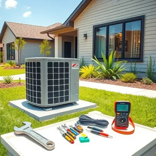 Modern outdoor air conditioning unit on a clean concrete pad with tools and a stylish home in Hudson Oaks TX