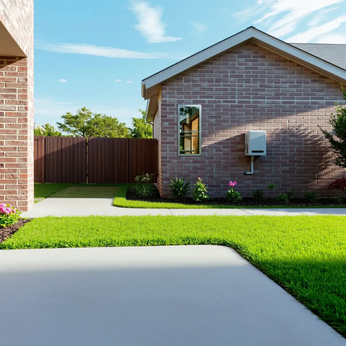 Outdoor modern air conditioning unit in Willow Park, TX, showing clean design, detailed components, lush landscaping, and a well-kept yard.
