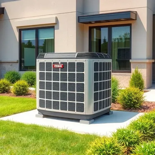 Modern HVAC outdoor unit with brushed-metal panels on a concrete pad, surrounded by green landscaping in Edgecliff Village, TX.