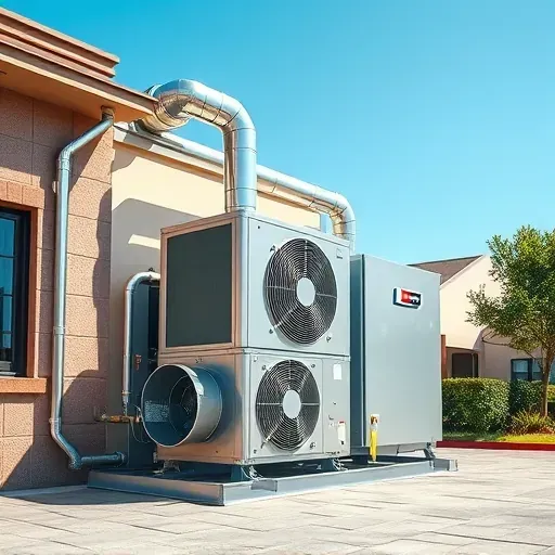 Outdoor modern HVAC unit in Fort Worth, TX, with shiny metal, insulated ductwork, lush greenery, and Texas-style architecture.