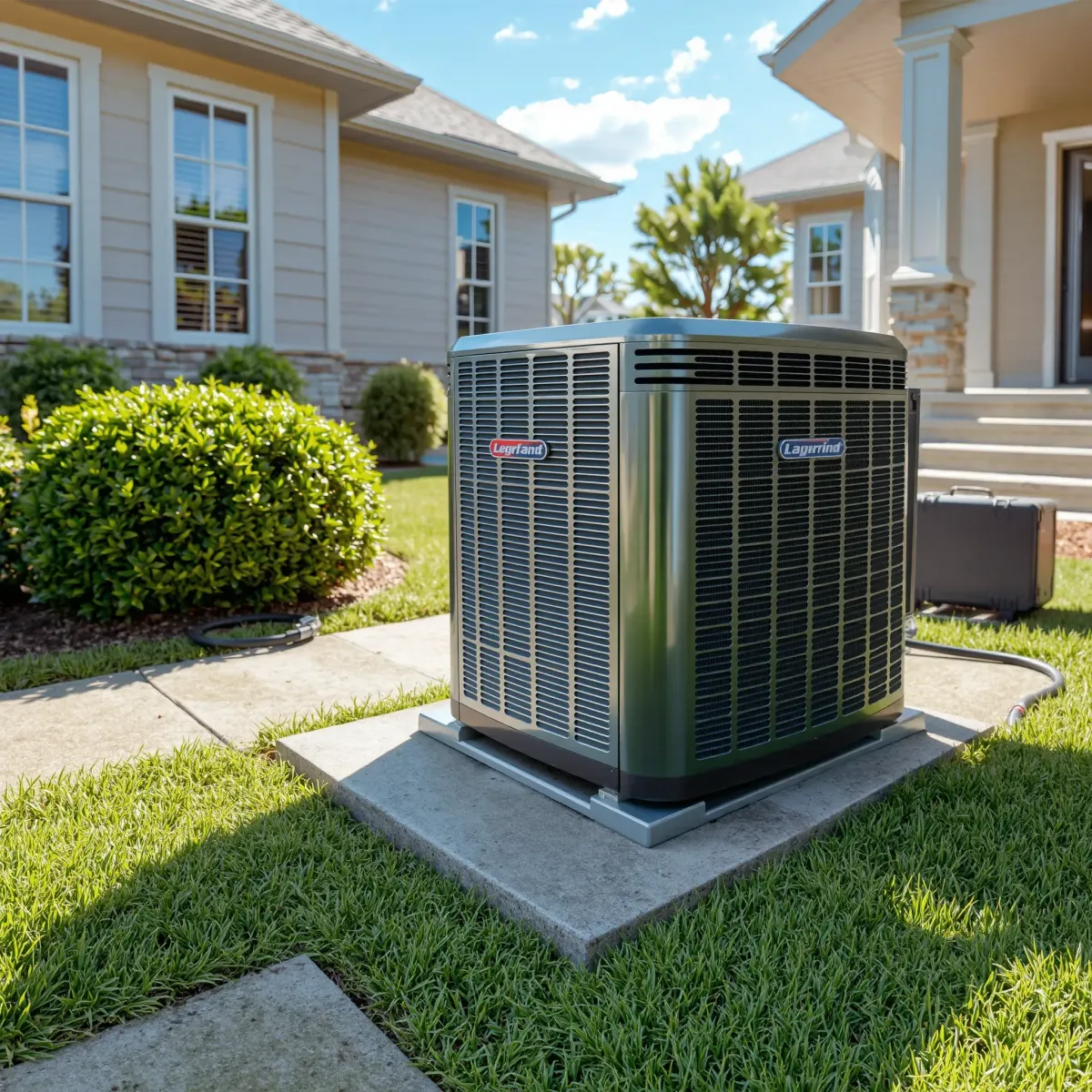 Outdoor A/C unit on a concrete pad in North Richland Hills, TX, with tools nearby, in a clean suburban neighborhood scene.