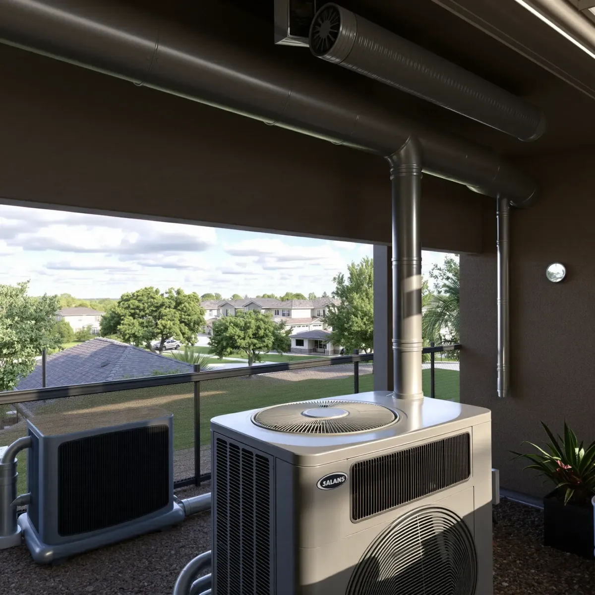Modern Hickory Creek, TX HVAC system in a tidy, well-lit utility room with sleek equipment and organized tools.