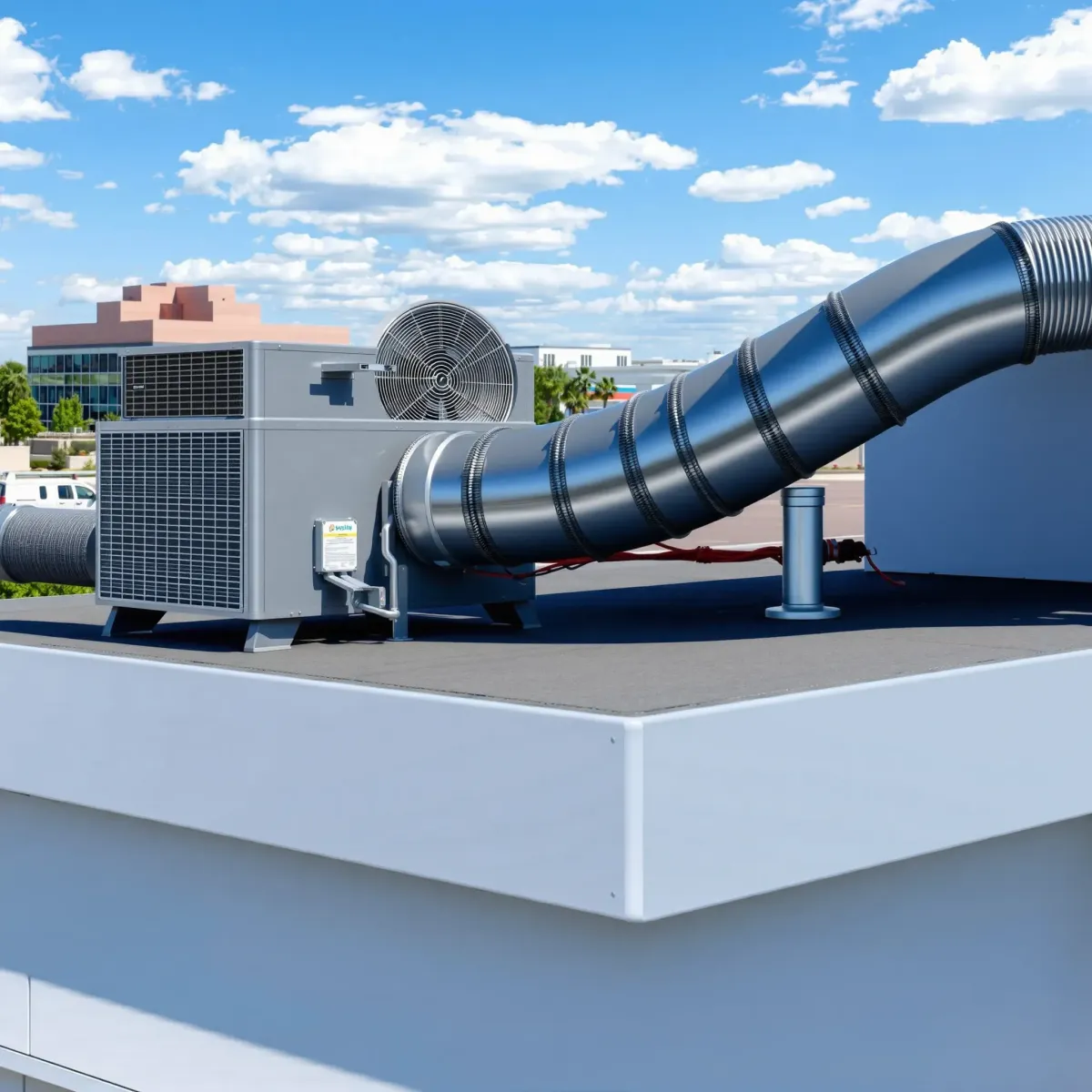 Completed HVAC system on a White Settlement, TX commercial building roof, with ductwork, metallic textures, and urban background.