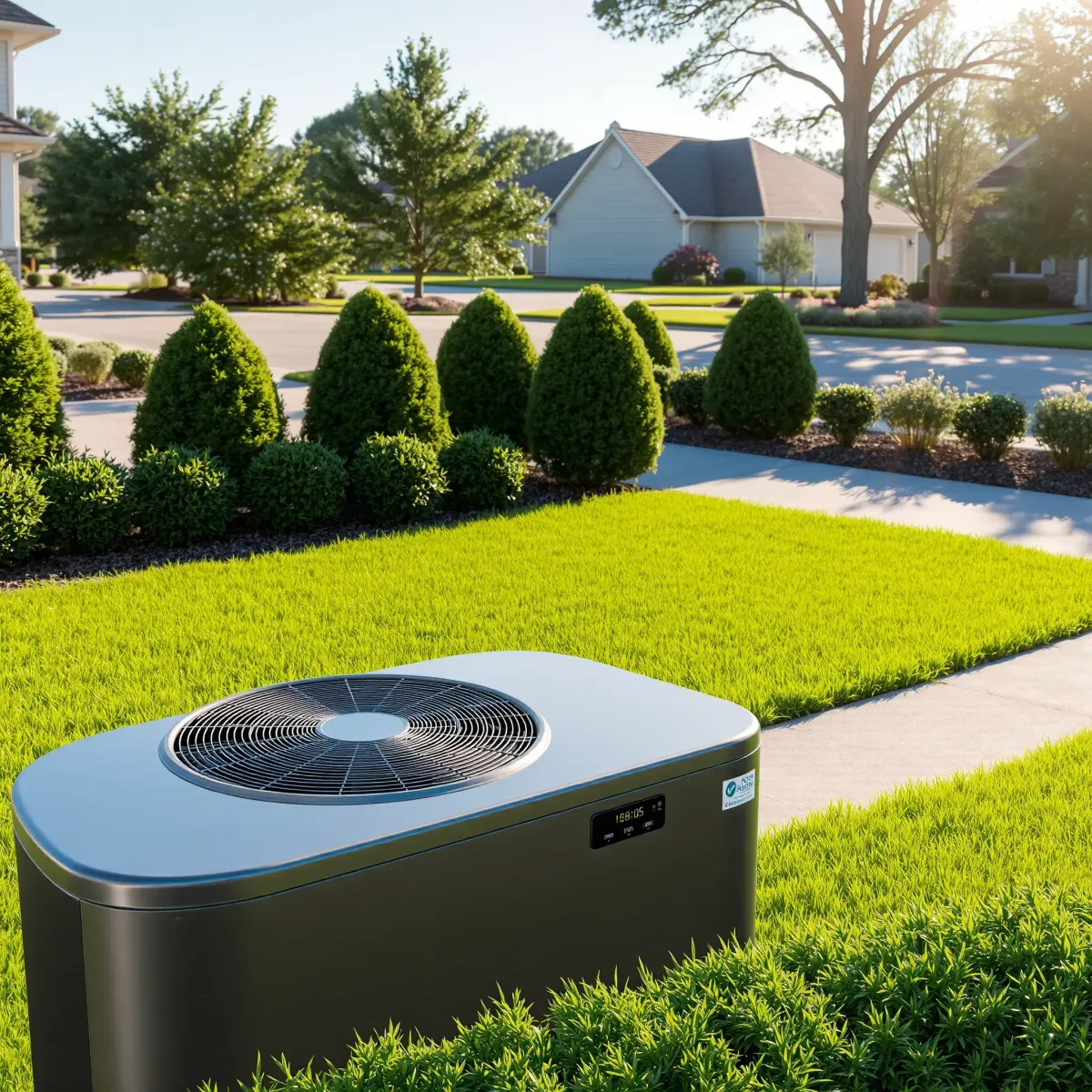 Outdoor HVAC unit in a Shady Shores backyard with native Texas plants and a suburban home on a sunny day.