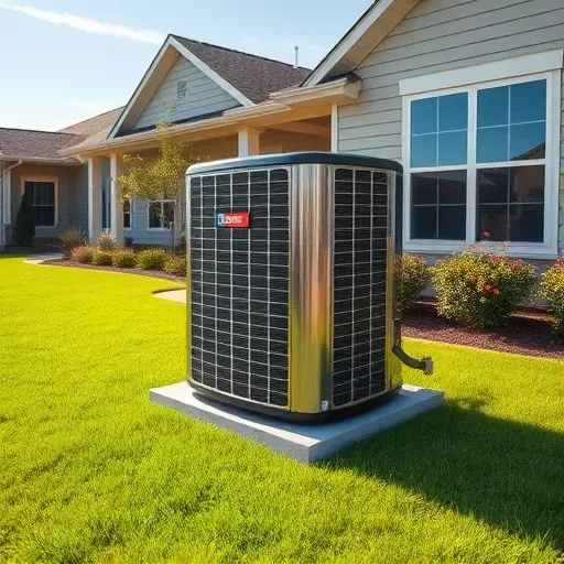 HVAC outdoor condenser unit installed in a neat backyard near a modern suburban home in Annetta, TX.