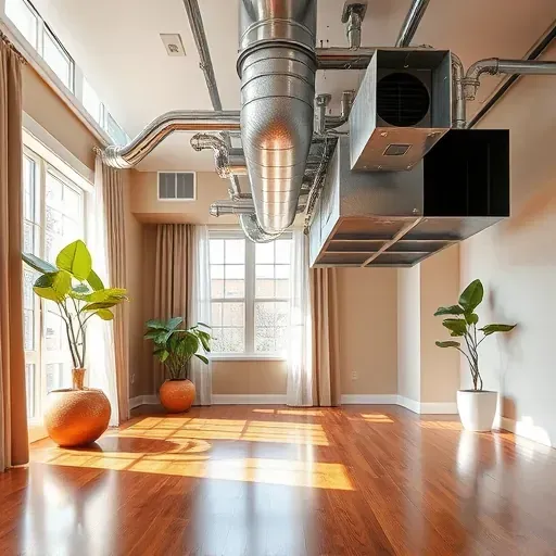 Modern HVAC system in Westworth Village TX with sleek ductwork, polished wood floor, and natural light enhancing the decor.