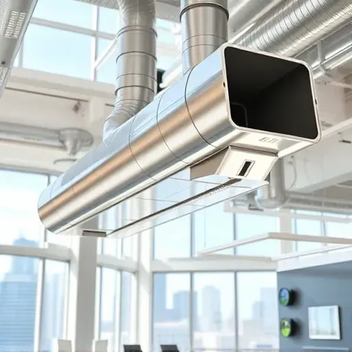 Modern Fort Worth building with sleek HVAC duct system, digital controls, natural light, and skyline views showcasing advanced ventilation.